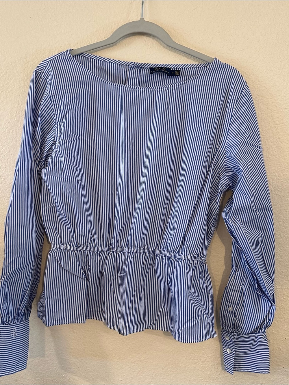 Ralph Lauren Blue Stripe Peplum Long-Sleeve Top Size M Beautiful blouse.
